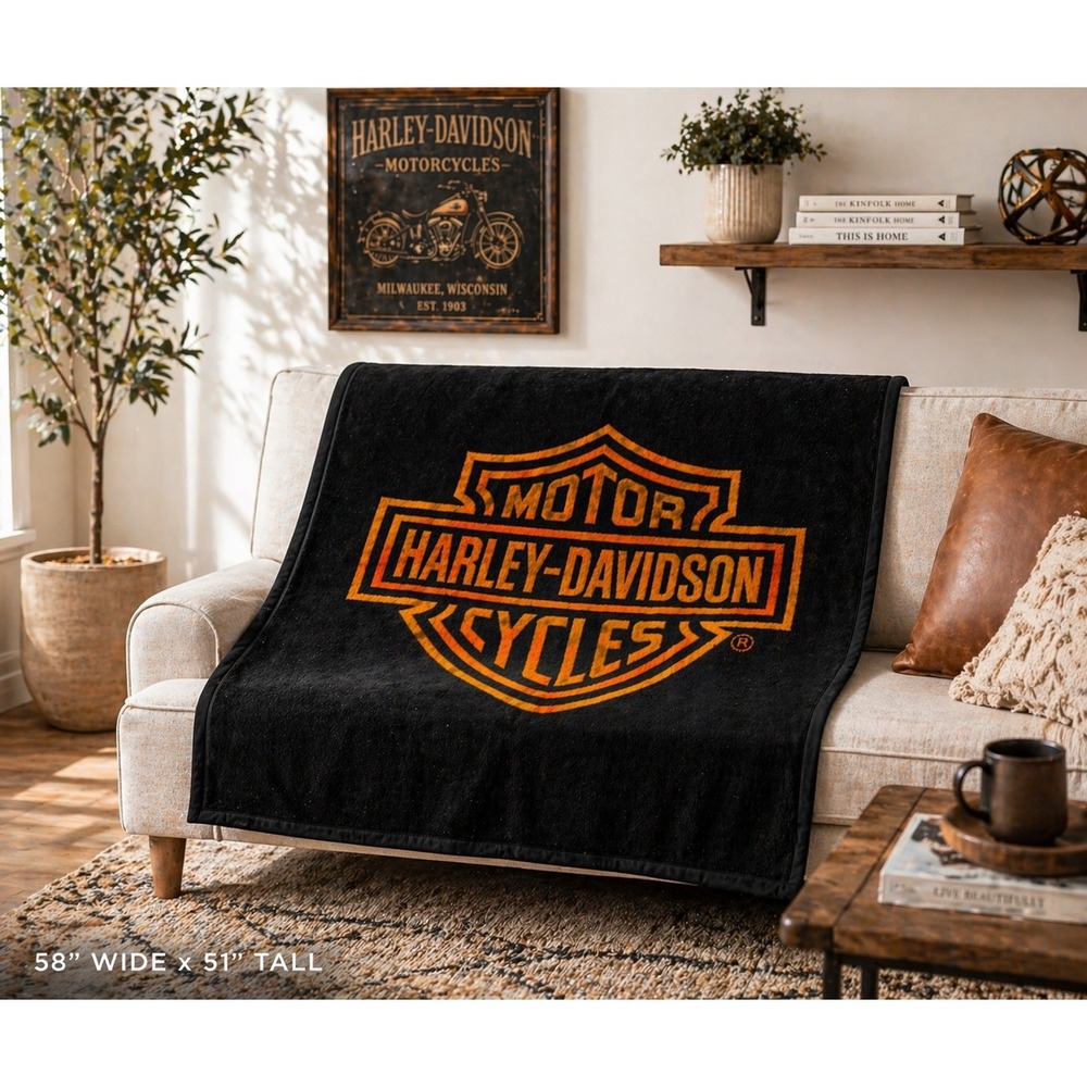 Harley-Davidson Biederlack Plush Throw Blanket Orange Black Logo 51x58 Made USA